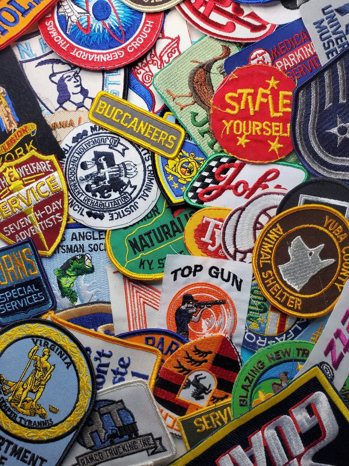 Collection of colorful custom patches for clothing brands, teams and events