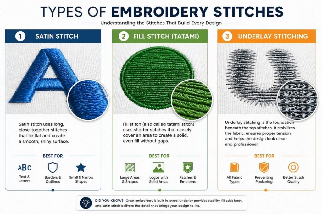 embroidery stitch types satin fill underlay