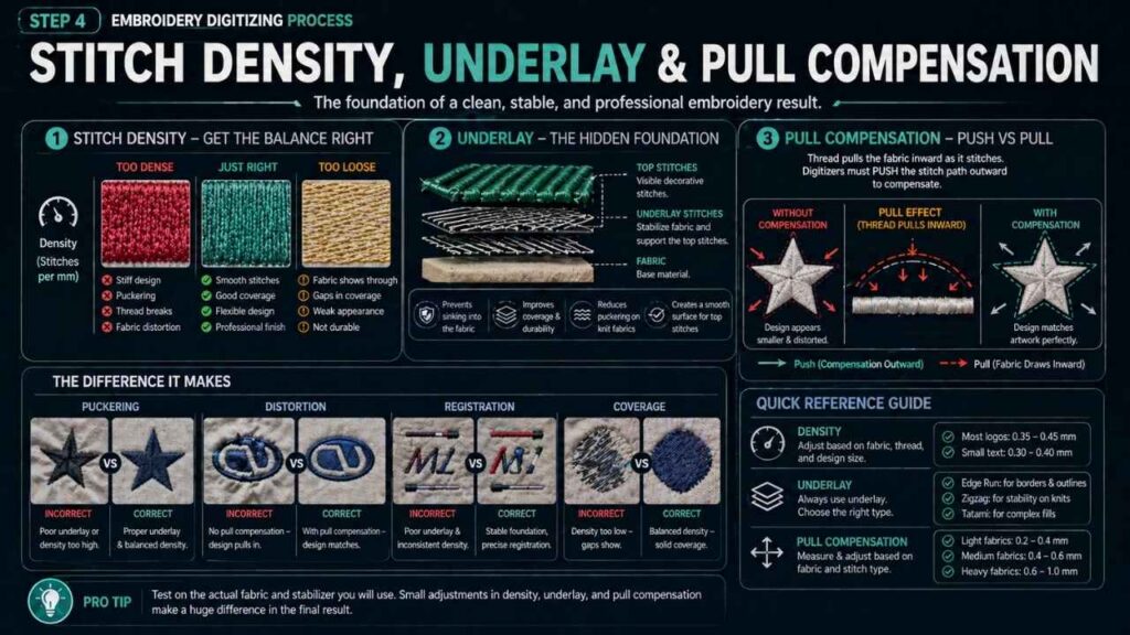 step 4 setting density underlay and pull compensation