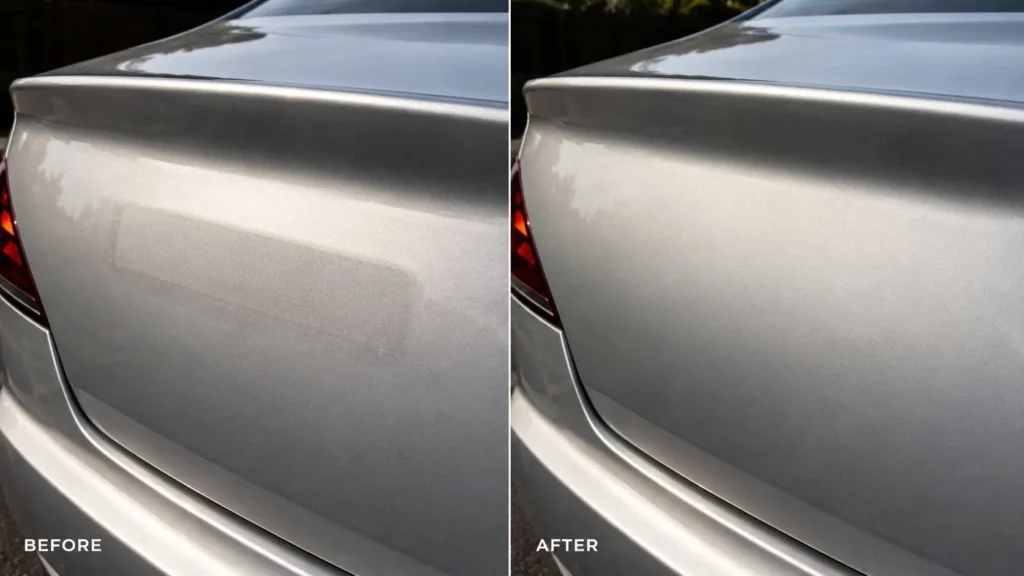 Before and after comparison of car paint ghosting after emblem removal — left shows a faint badge shadow on silver paint, right shows the same area smooth and uniform after polishing and waxing