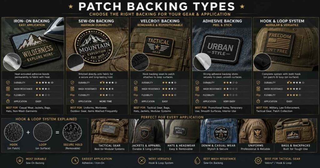Different custom patch backing types including sew-on, iron-on, and velcro backing
