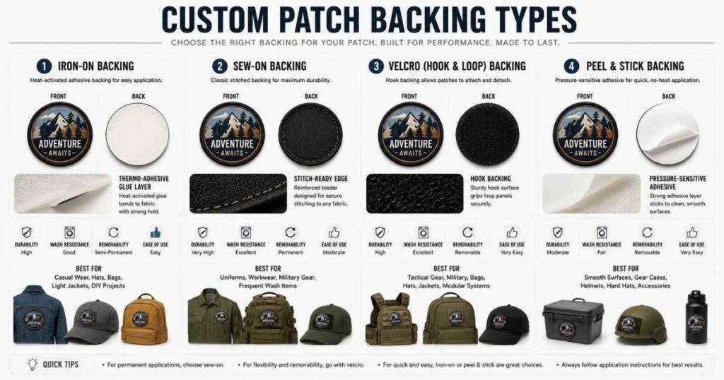 Iron-on sew-on velcro and peel-and-stick patch backing types comparison