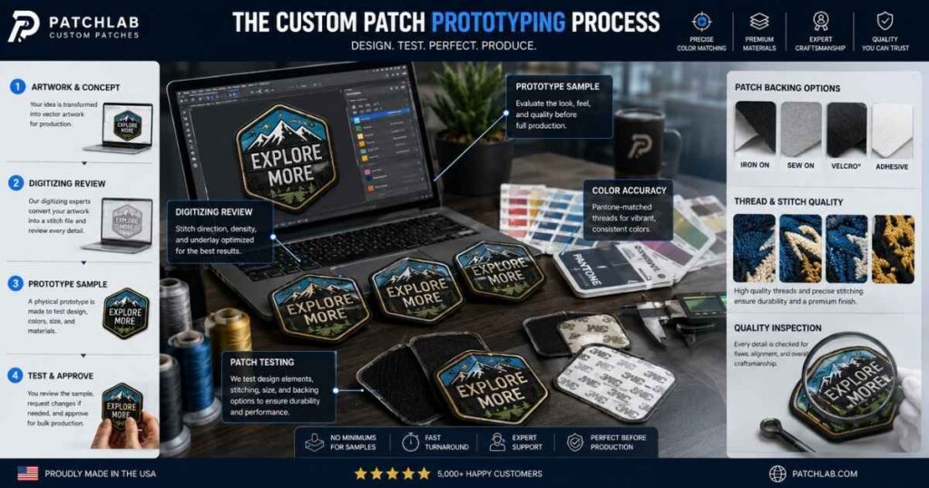 Custom patch prototype testing and embroidery sample workflow