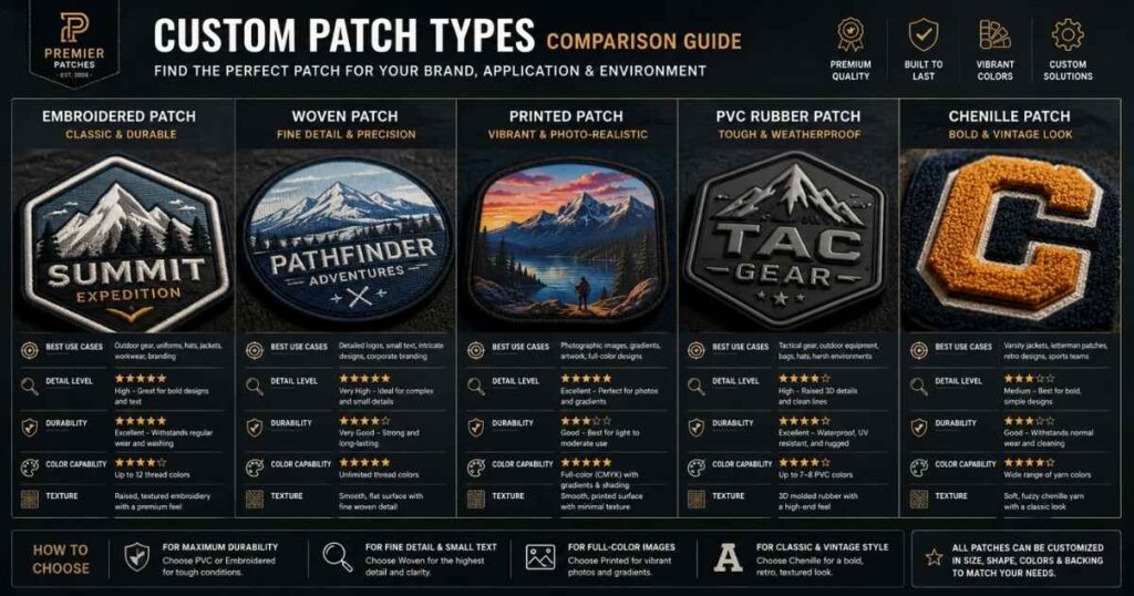 Comparison infographic showing embroidered, woven, printed, PVC, and chenille patch types.