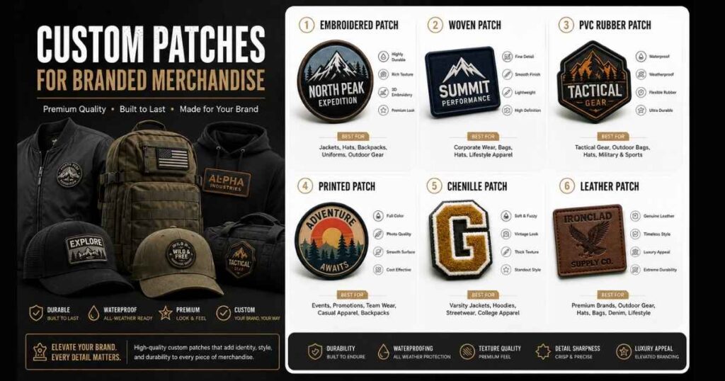 Different types of custom patches for branded merchandise including embroidered, woven, PVC, chenille, leather, and printed patches