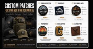 Different types of custom patches for branded merchandise including embroidered, woven, PVC, chenille, leather, and printed patches