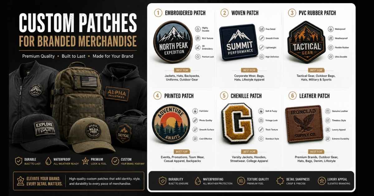 Different types of custom patches for branded merchandise including embroidered, woven, PVC, chenille, leather, and printed patches