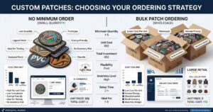 Custom patches no minimum order compared with bulk patch ordering infographic