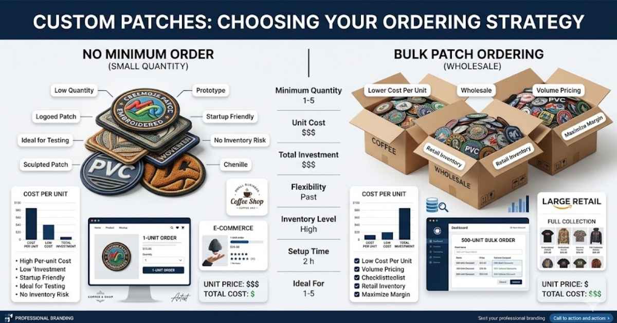 Custom patches no minimum order compared with bulk patch ordering infographic