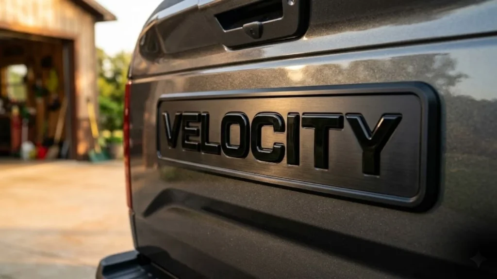 Close-up of a custom matte black tailgate badge with raised gloss black letters on a dark grey pickup truck, photographed at golden hour with shallow depth of field