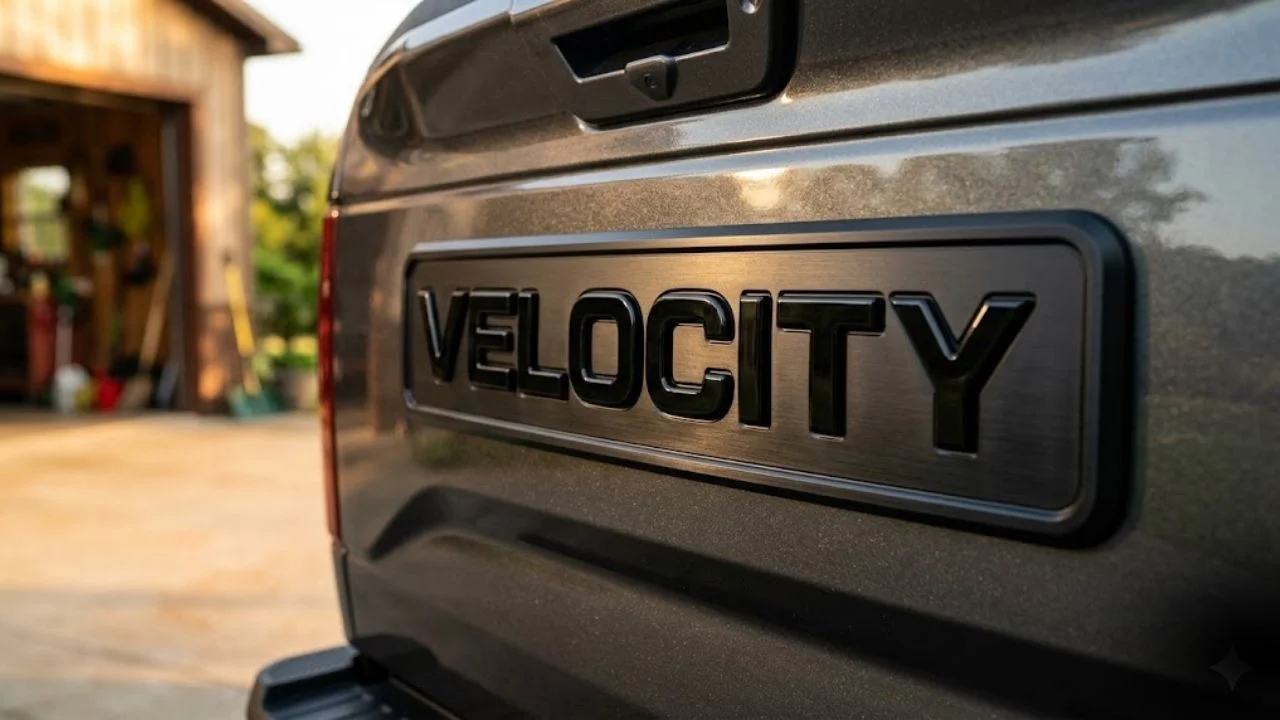 Close-up of a custom matte black tailgate badge with raised gloss black letters on a dark grey pickup truck, photographed at golden hour with shallow depth of field