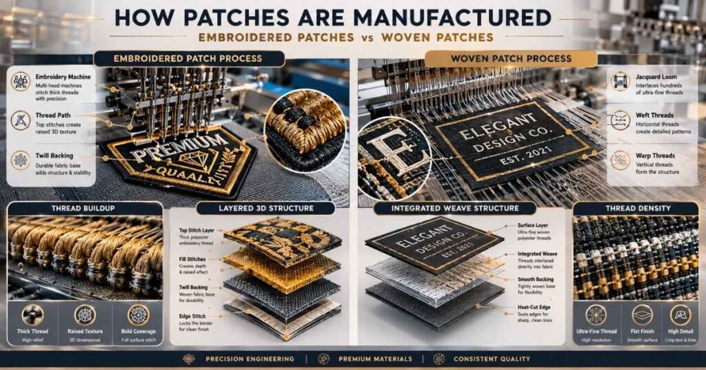 Manufacturing process comparison between embroidered patches and woven patches