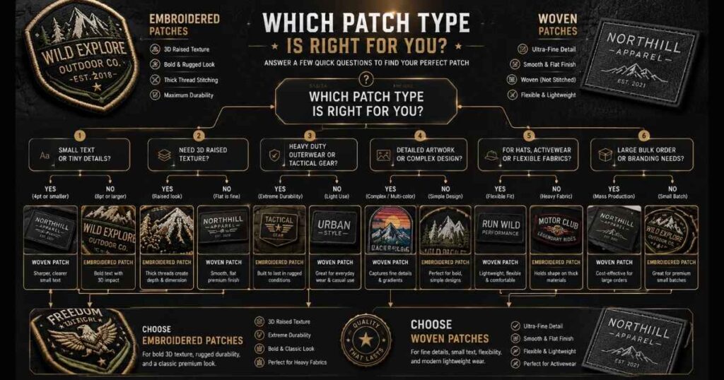 Decision flowchart showing how to choose between embroidered and woven patches