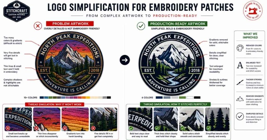 Before and after comparison of simplifying logo artwork for embroidery patch production.