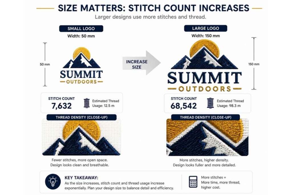 embroidery stitch count impact size cost