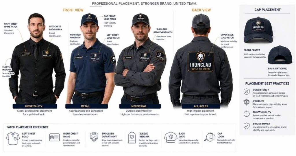 Employee uniform patch placement guide showing chest sleeve back and cap locations