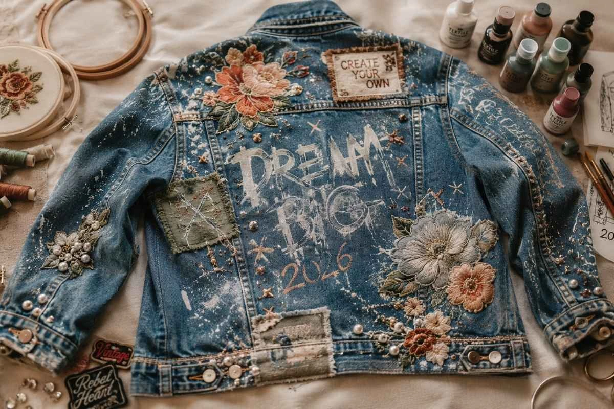 How to customize a denim jacket with embroidered patches, fabric paint, rhinestones, and DIY streetwear customization ideas.