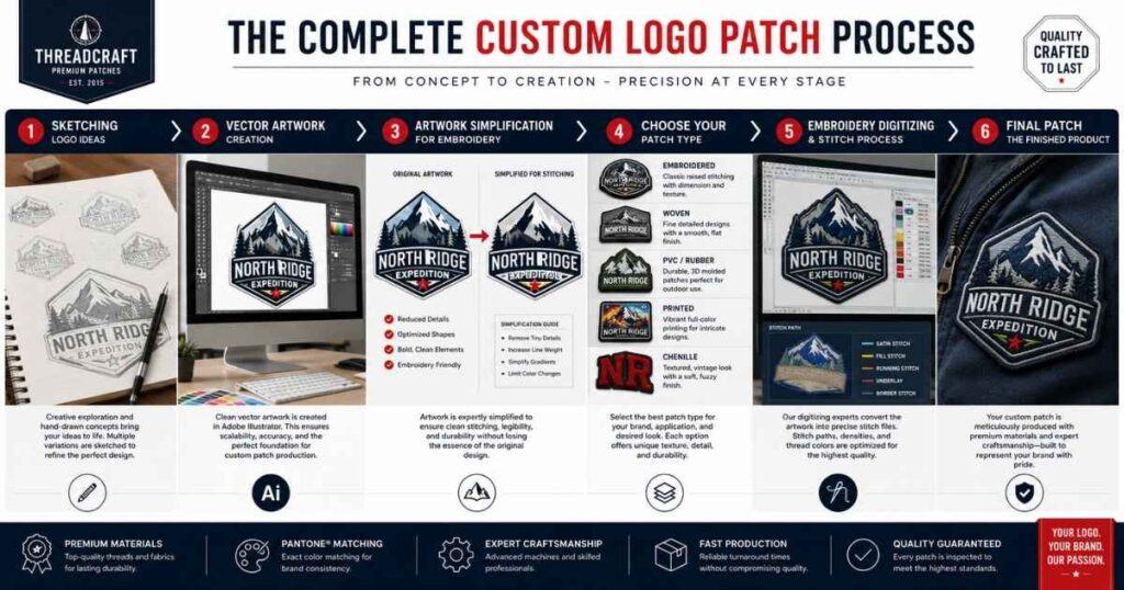 Complete step-by-step process infographic showing how to design a custom logo patch from artwork creation to embroidery production.