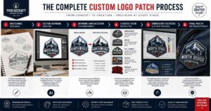 Complete step-by-step process infographic showing how to design a custom logo patch from artwork creation to embroidery production.