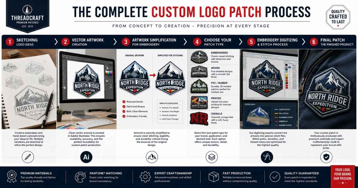 Complete step-by-step process infographic showing how to design a custom logo patch from artwork creation to embroidery production.