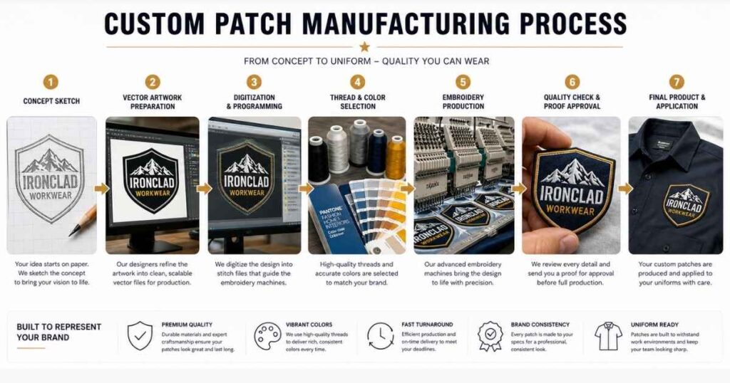 Step-by-step infographic showing custom patch design process from artwork to production