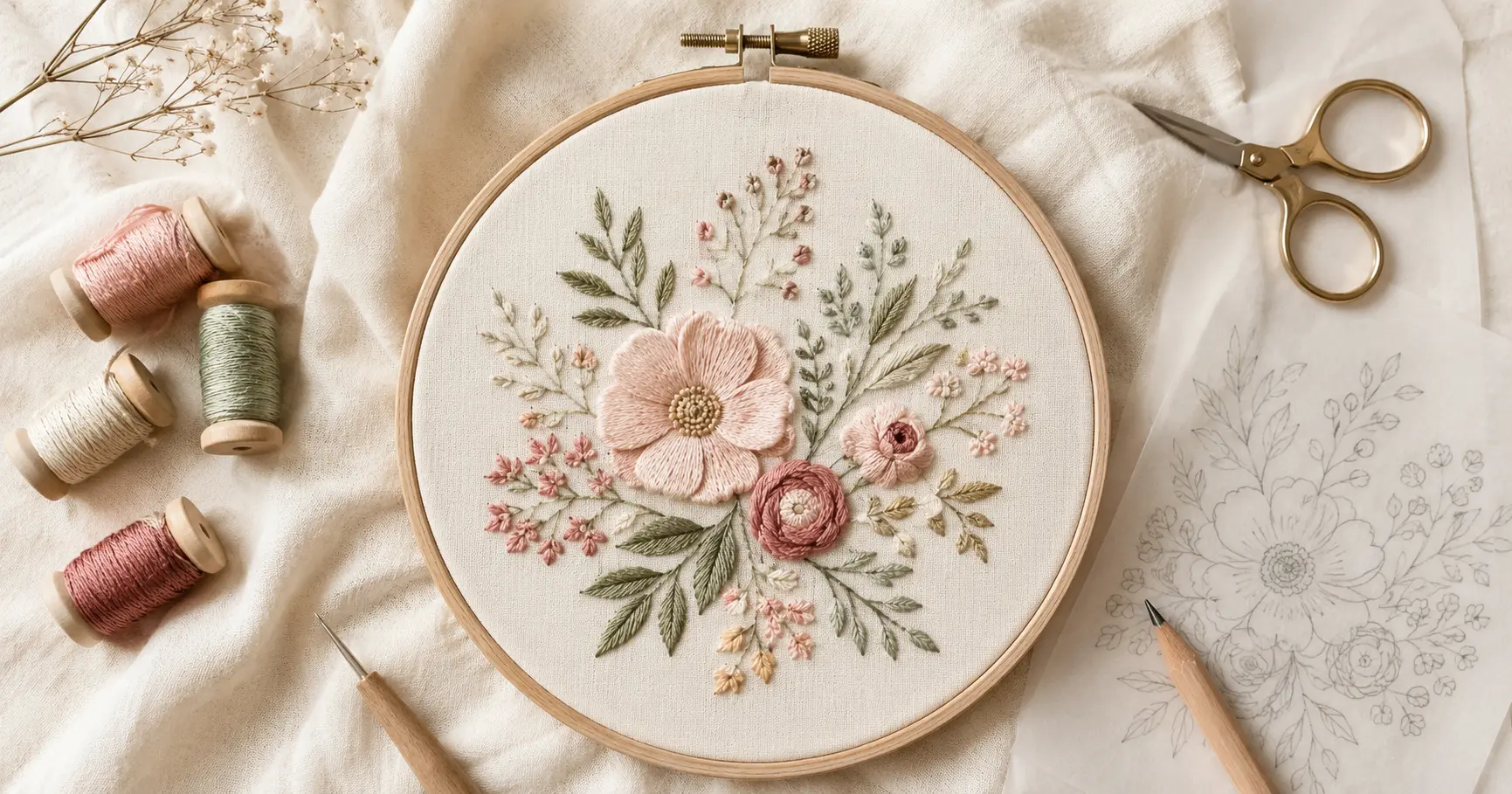 Embroidery hoop with floral hand-stitched pattern surrounded by DMC thread spools, tracing paper sketch, and needles on cream linen — showing how to design embroidery patterns for free