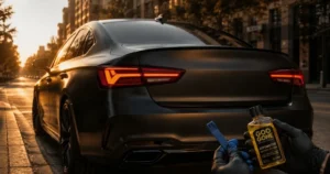 Clean debadged matte black sedan with smooth badge-free trunk lid and bumper after safe car emblem removal without damaging paint