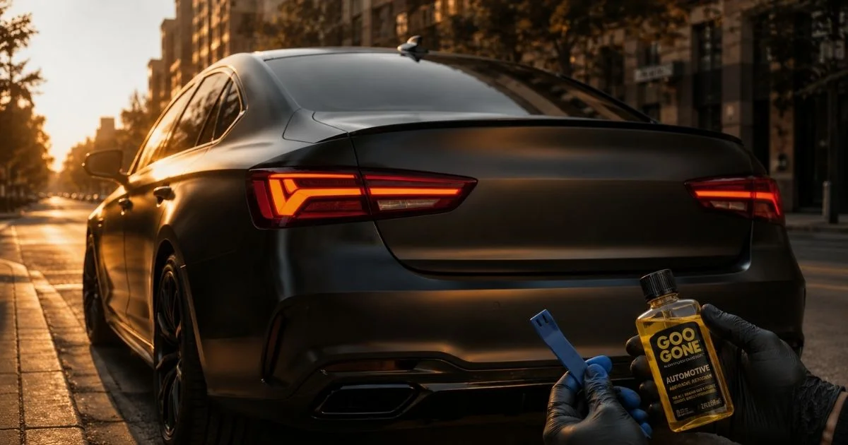 Clean debadged matte black sedan with smooth badge-free trunk lid and bumper after safe car emblem removal without damaging paint