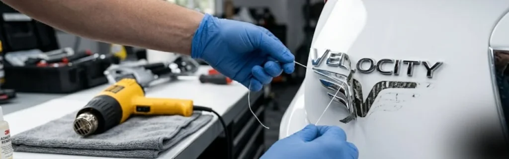 Removing chrome car emblem with dental floss and heat gun — DIY badge swap