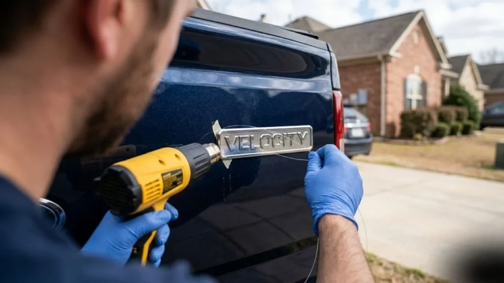 Person using a heat gun and dental floss to safely remove a chrome truck tailgate badge from a dark blue pickup truck without damaging the paint