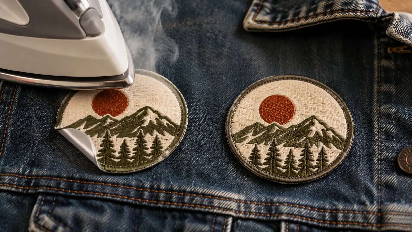 Iron-on patch with lifting adhesive edge next to a neatly stitched sew-on embroidered patch on a denim jacket — comparing durability of both methods