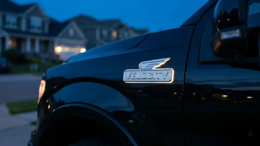 LED illuminated fender badge glowing white-amber on a black full-size pickup truck photographed at dusk, showing the badge's even backlight and crisp lettering in low-light conditions