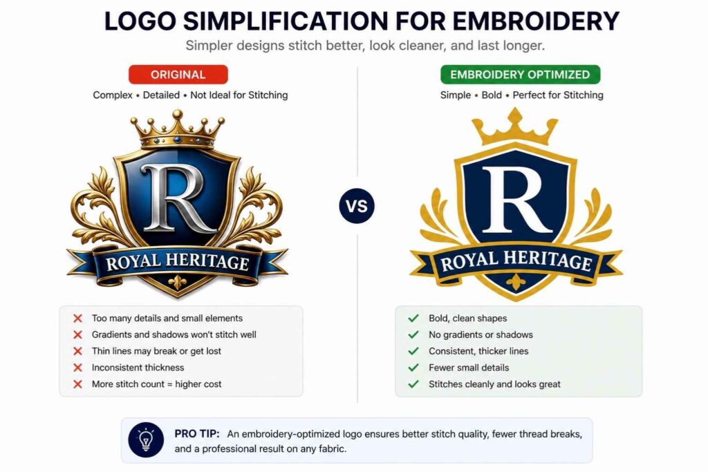 logo simplification for embroidery before after