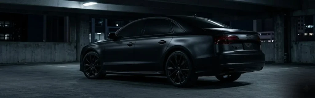 Murdered-out matte black car with blacked-out emblems and chrome delete