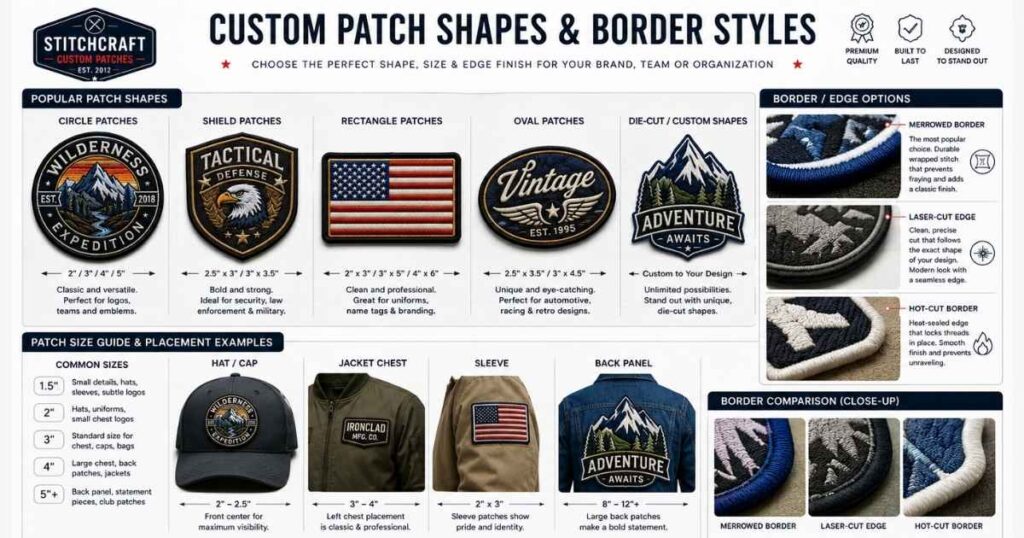 Guide showing custom patch shapes and embroidery border styles including merrowed and laser-cut edges.