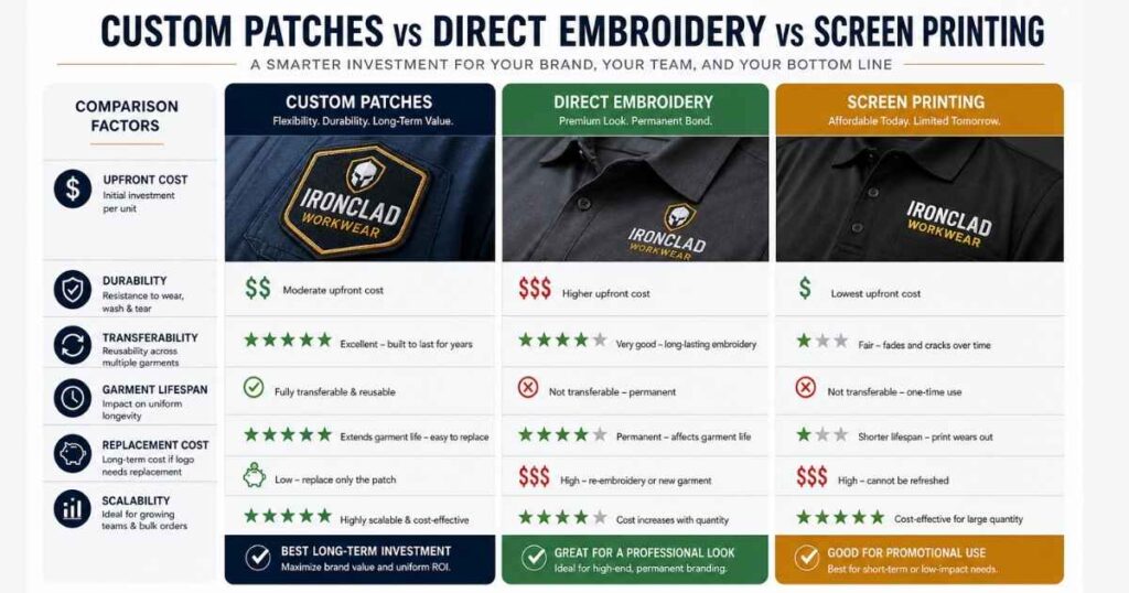 Infographic comparing custom patches direct embroidery and screen printing costs