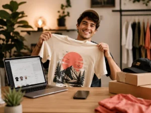 Content creator holding a custom print-on-demand t-shirt next to a laptop showing an ecommerce dashboard