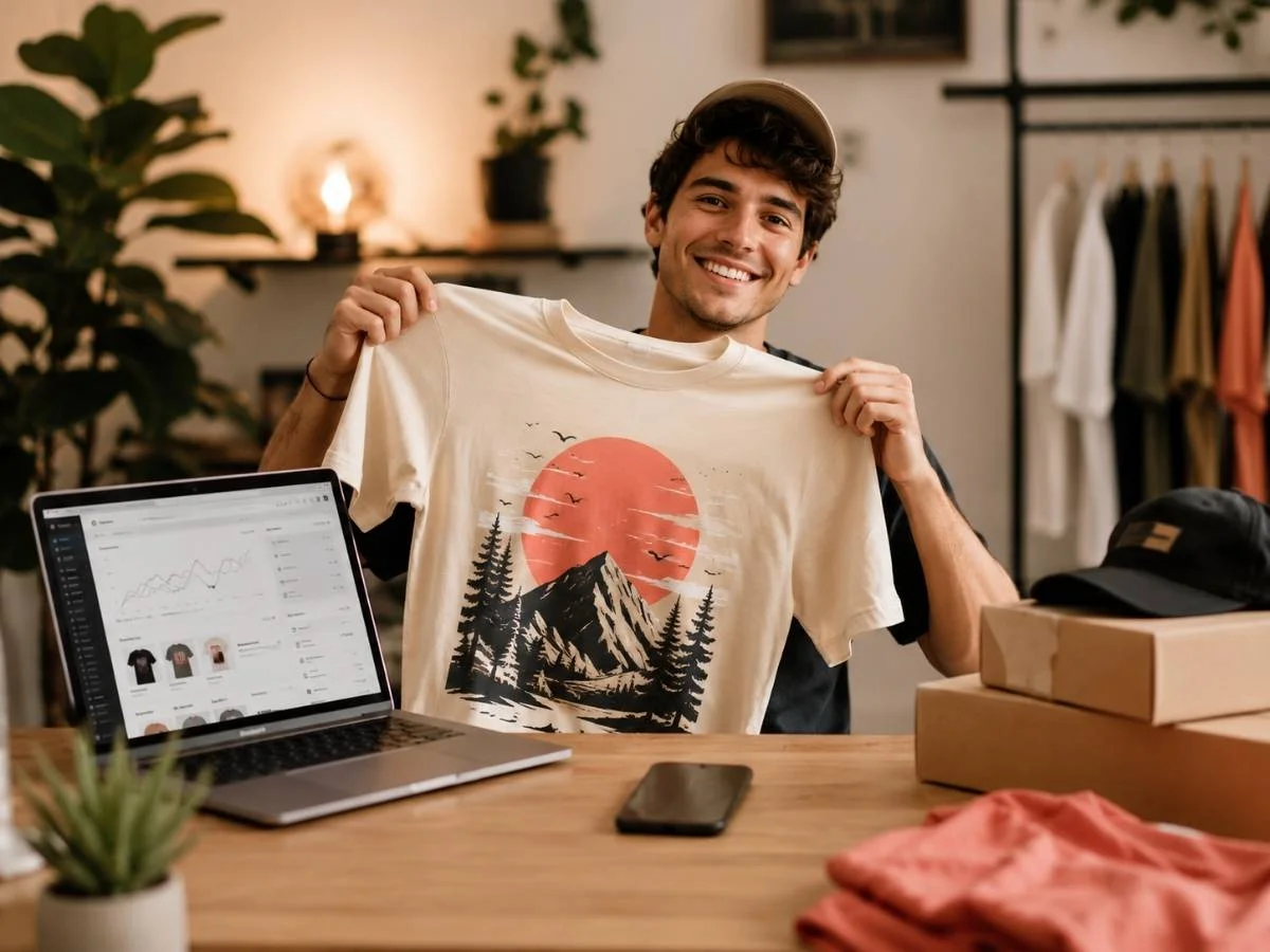 Content creator holding a custom print-on-demand t-shirt next to a laptop showing an ecommerce dashboard