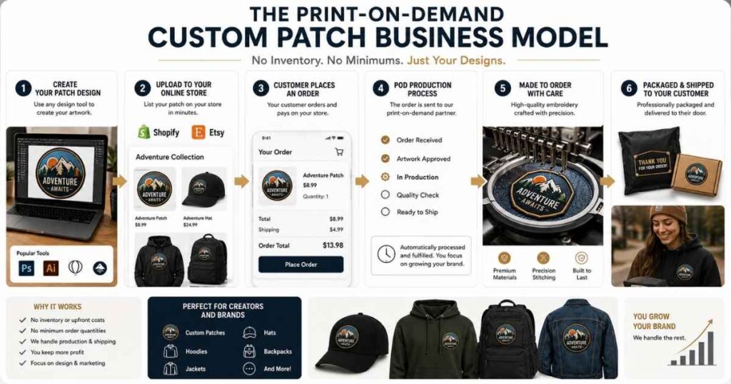 Print on demand custom patch workflow for Shopify and Etsy merch stores