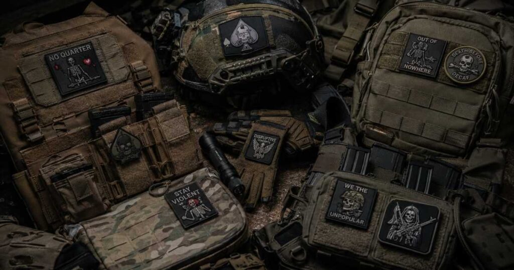 PVC tactical patches attached to a plate carrier helmet and tactical backpack