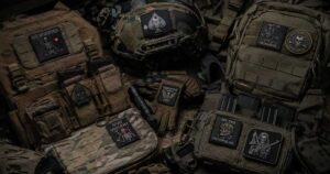 PVC tactical patches attached to a plate carrier helmet and tactical backpack