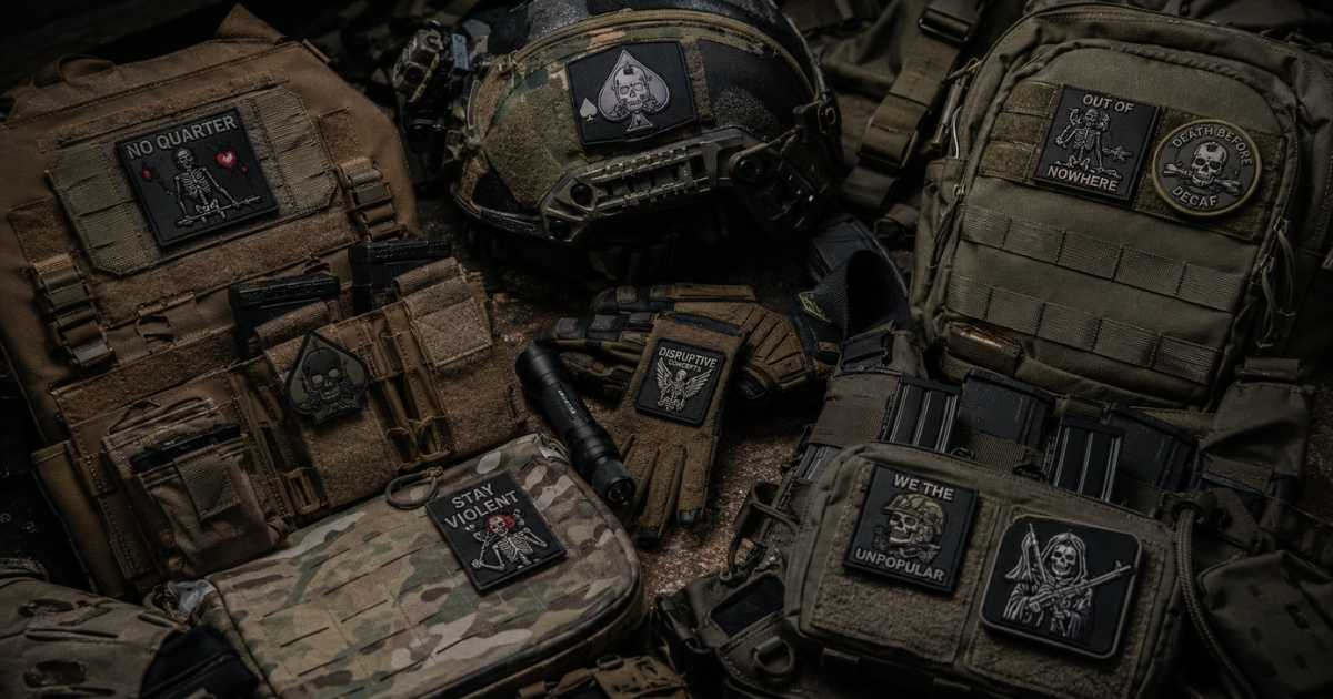 PVC tactical patches attached to a plate carrier helmet and tactical backpack
