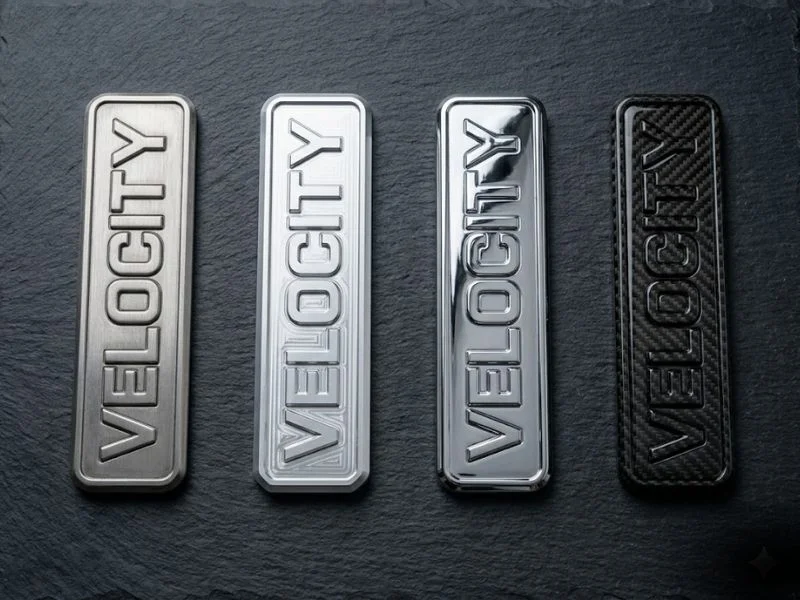 Flat-lay comparison of four custom truck badge materials: brushed stainless steel, CNC billet aluminum, chrome-plated ABS plastic, and carbon fiber overlay, arranged on a dark surface
