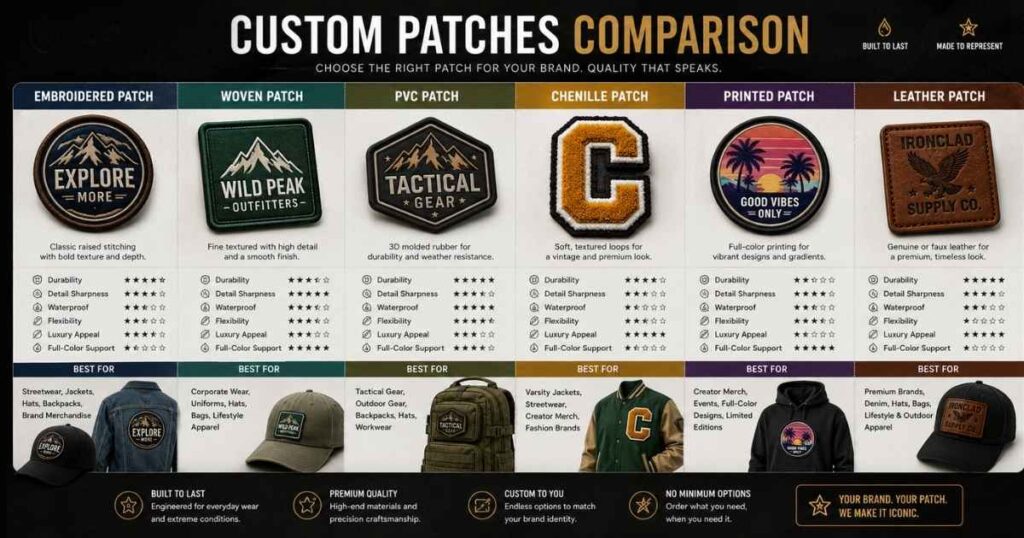 Comparison of embroidered woven PVC chenille printed and leather custom patches