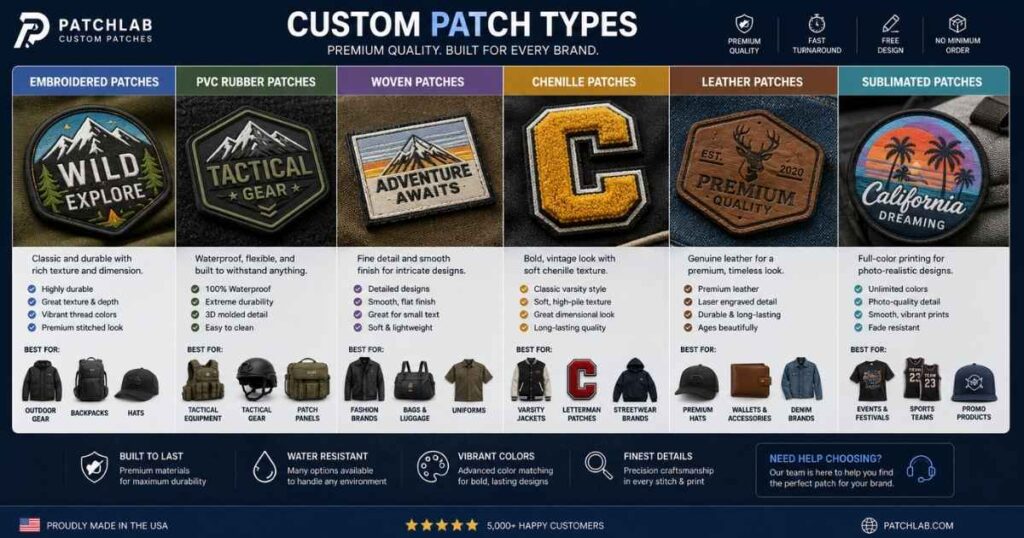 Different types of custom patches including embroidered PVC woven and chenille