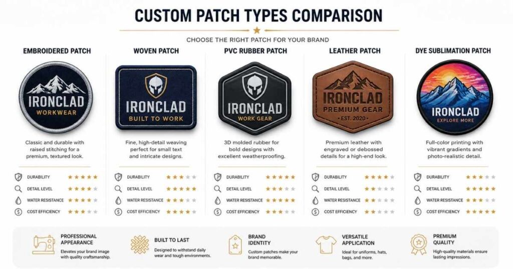 Comparison infographic showing embroidered woven PVC leather and sublimation patches