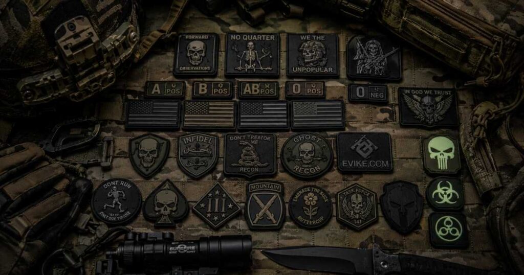 Different types of PVC tactical patches including morale IR and blood type patches