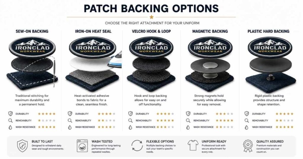 Infographic showing sew-on iron-on Velcro magnetic and hard backing patch types
