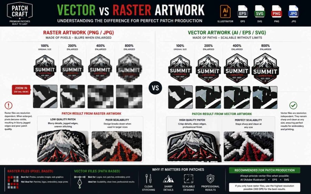 Comparison between vector and raster artwork formats for custom patch manufacturing.