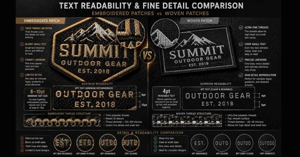 Close-up comparison showing small text readability on woven patches versus embroidered patches